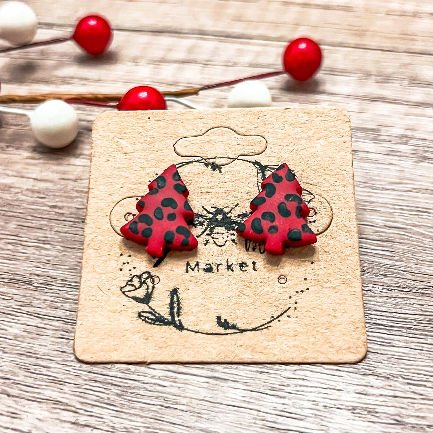 Handmade Animal Print Christmas Tree Stud Earrings