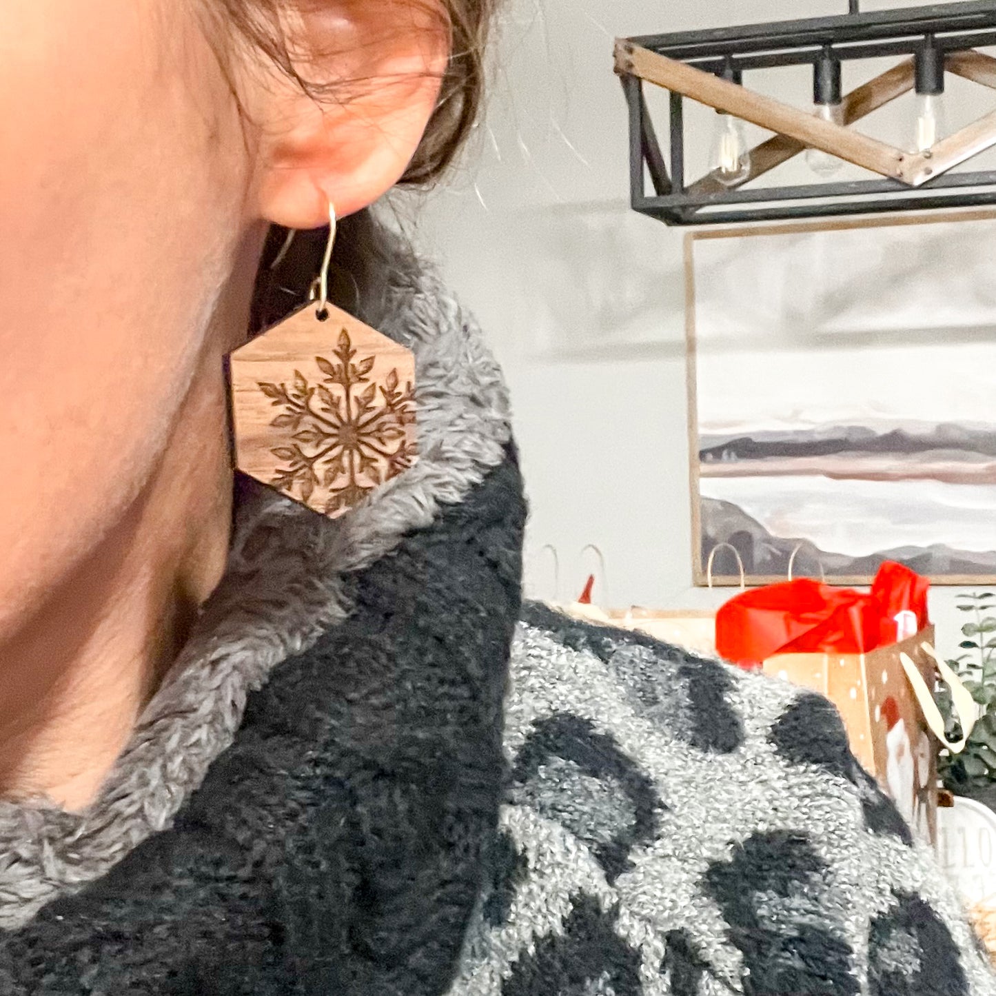 Evergreen Snowflake Hexagon Earrings