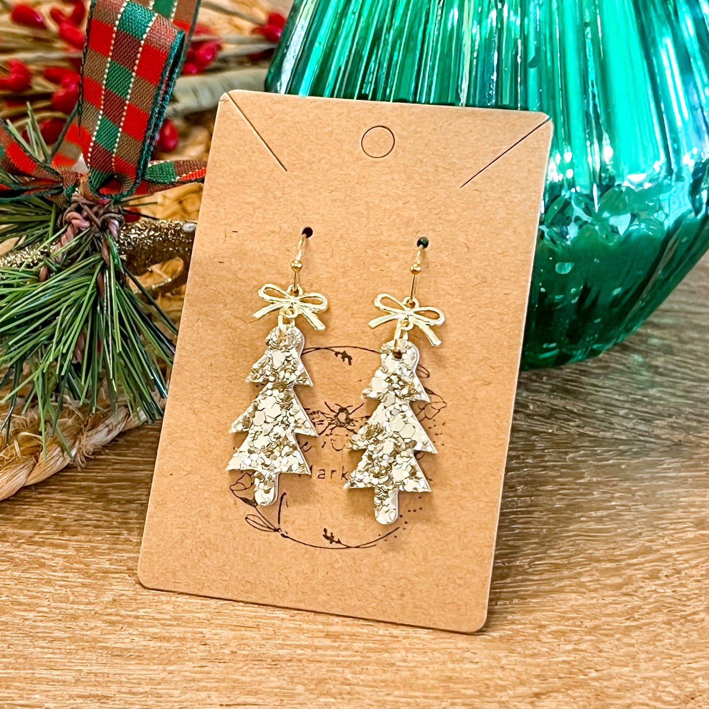 Gold Glitter Skinny Christmas Tree Earrings