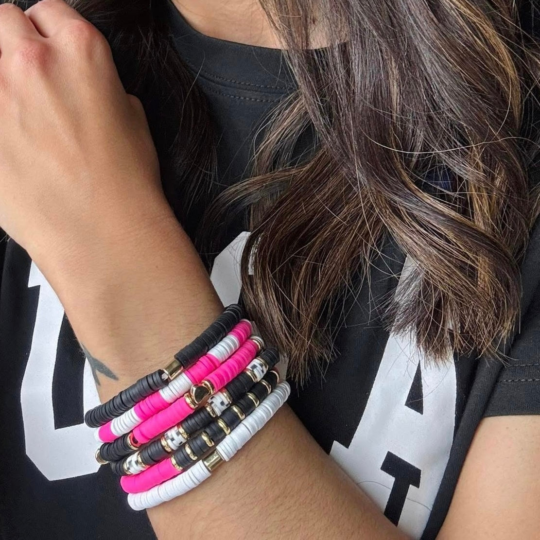 Hot Pink, Black & White Stacked Bracelet Set