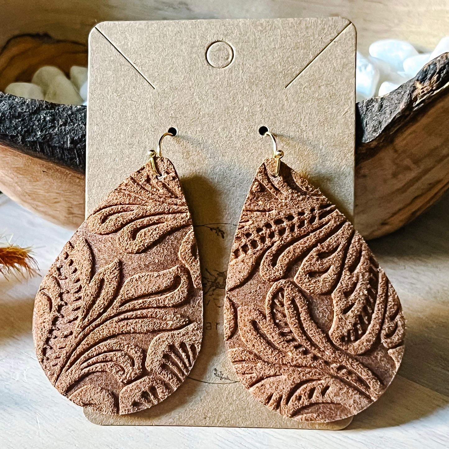 Chocolate Leather & Lace Teardrop Earrings