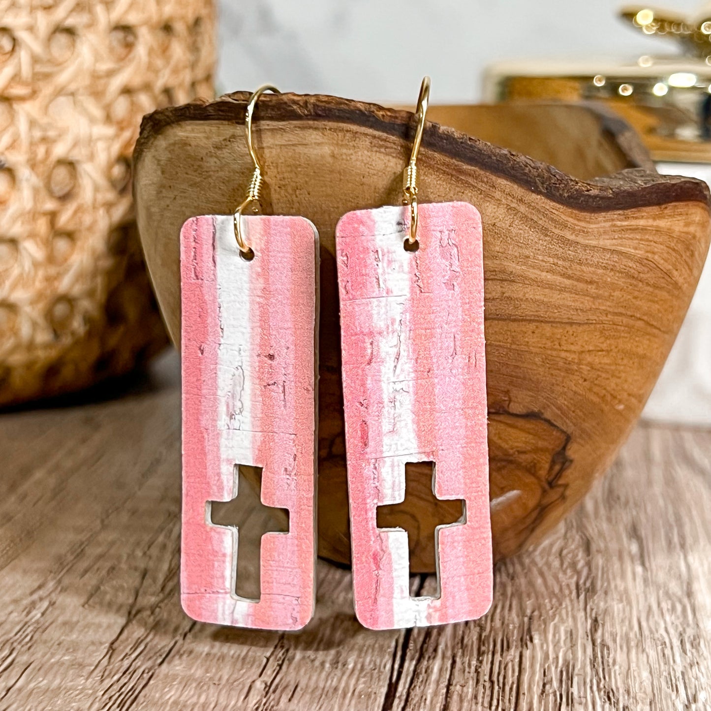 Pink Stripe Cutout Cross Bar Earrings