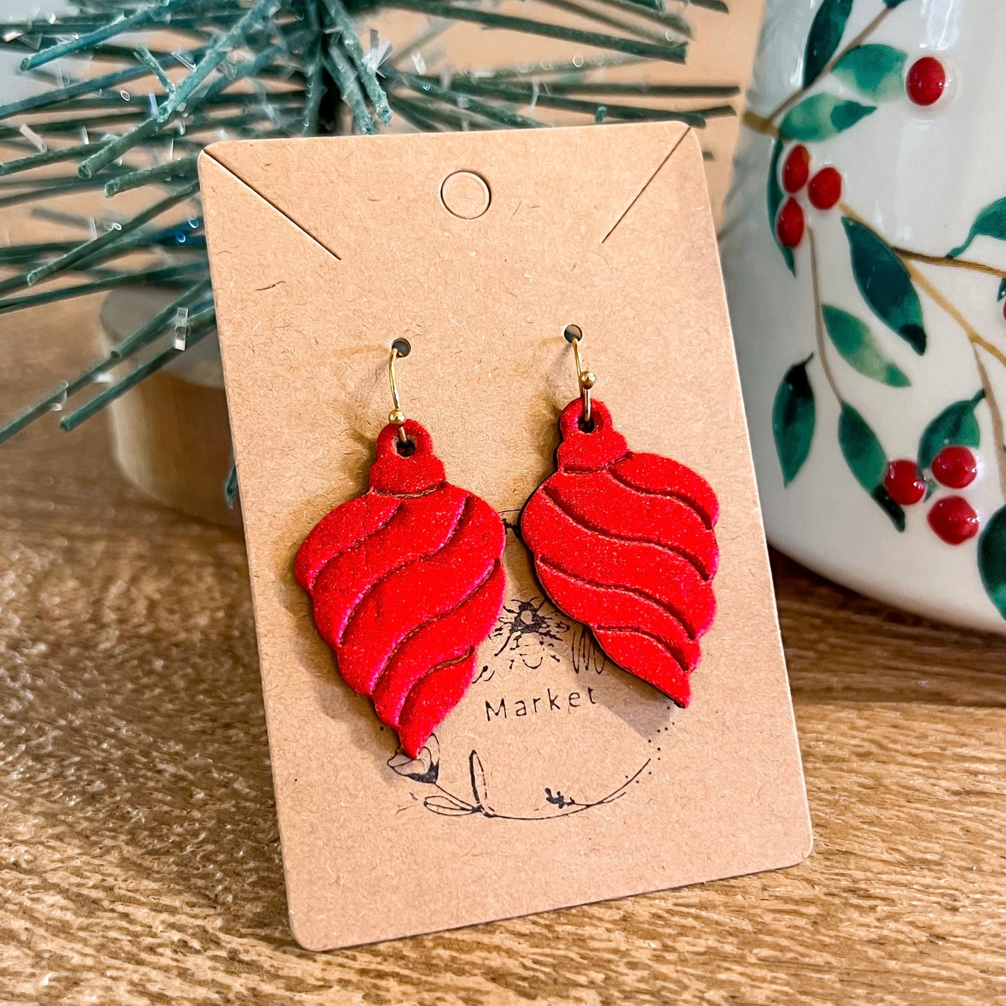Red Swirl Embossed Ornament Earrings