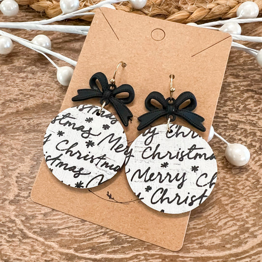 Christmas Script Black Bow Woven Earrings