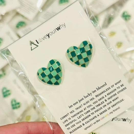 Kelly Green Checkered Heart Earrings