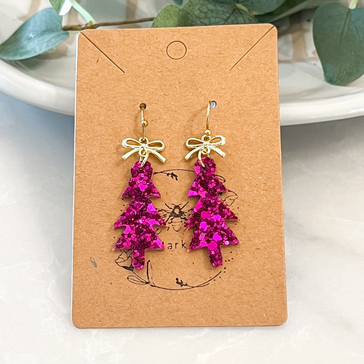 Fuchsia Glitter Skinny Christmas Tree Earrings