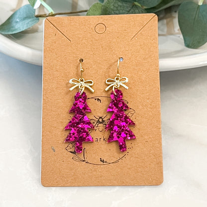 Fuchsia Glitter Skinny Christmas Tree Earrings