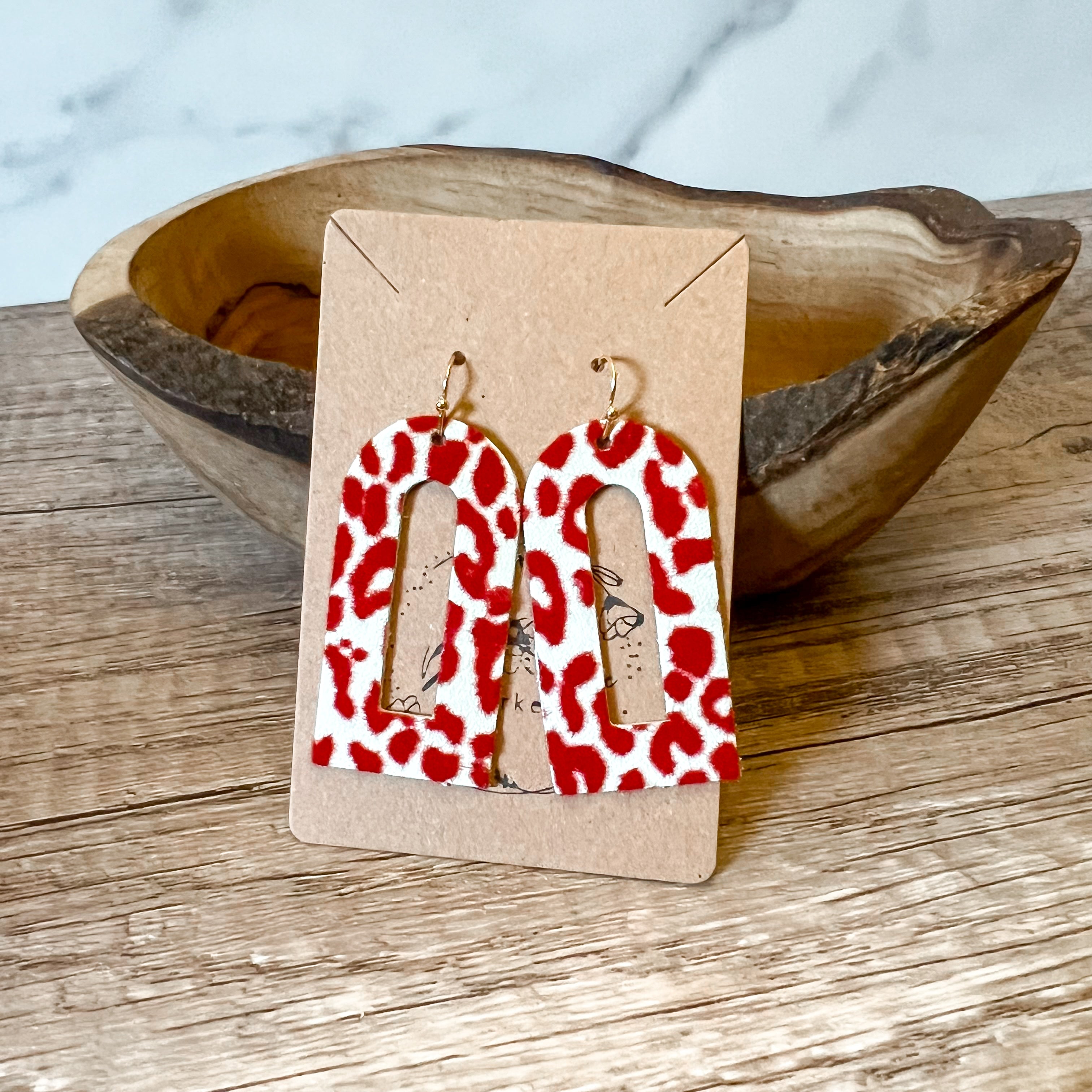 Red Fuzzy Leopard Cutout Arch Earrings