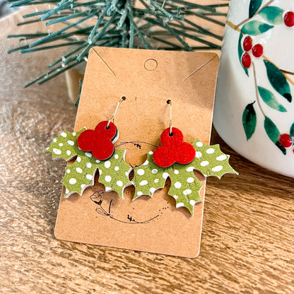 Lime Doodle Dot Holly Jolly Leather Earrings