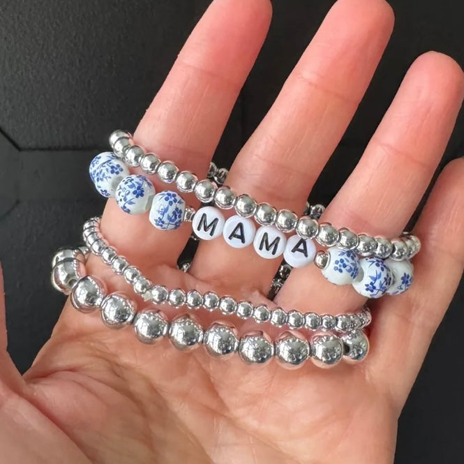 Mama Blue & White Silver Beaded Stacked Bracelet Set