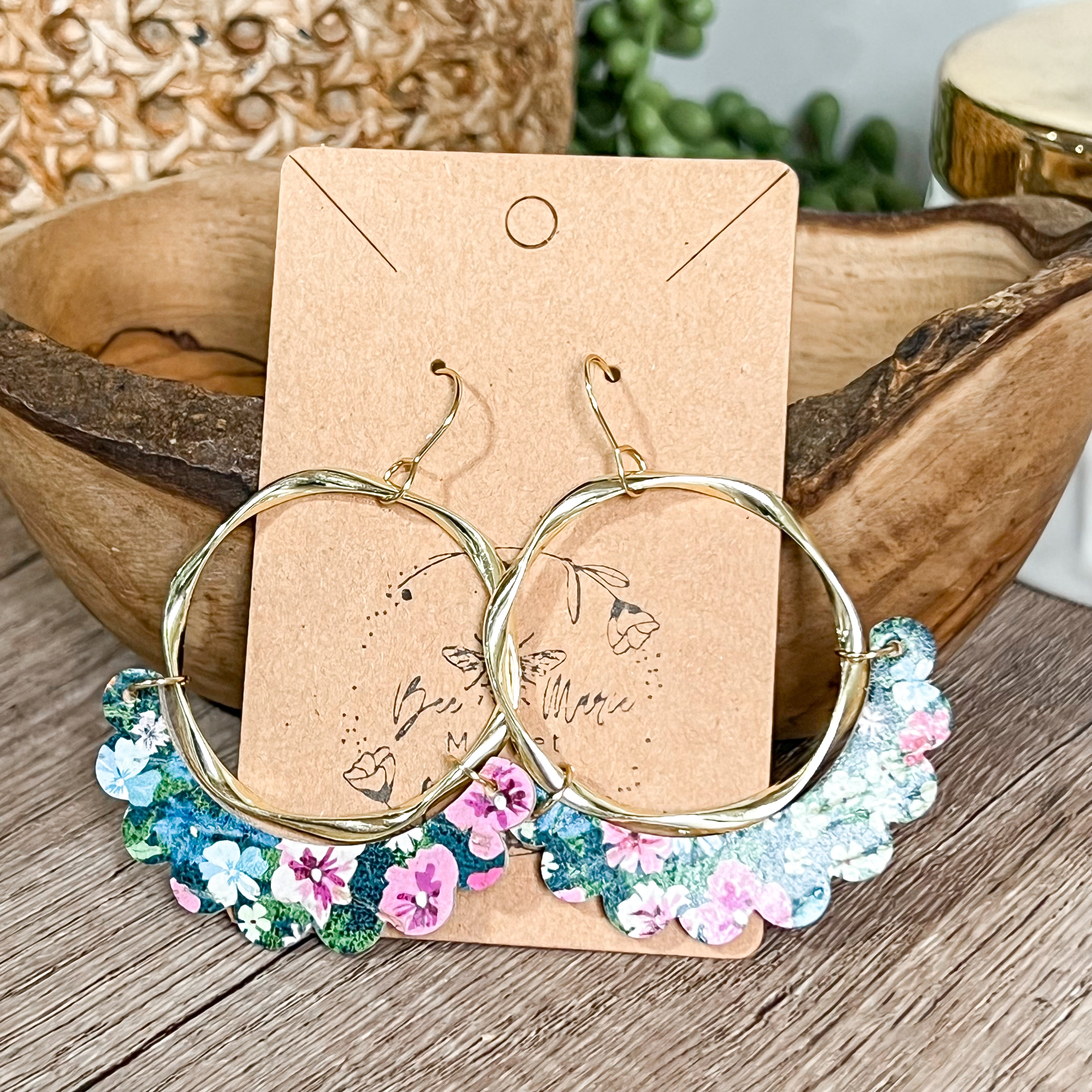 Floral Genuine Leather Ruffle Hoop Earrings