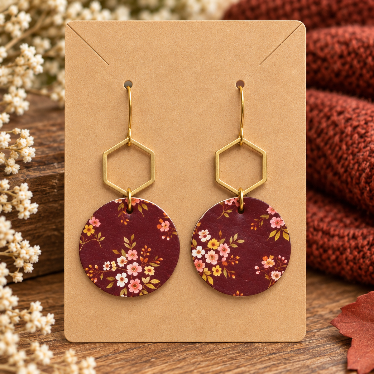 Maroon Floral Gold Hexagon Round Earrings