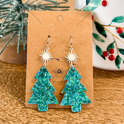 Teal Glitter & Star Christmas Tree Earrings