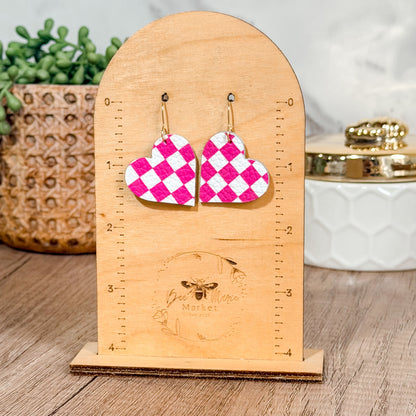 Pink Check Heart Earrings