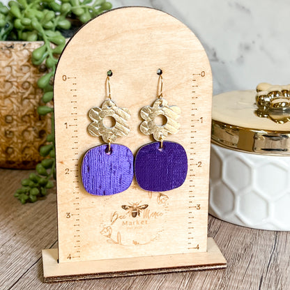 Golden Bloom & Violet Leather Earrings