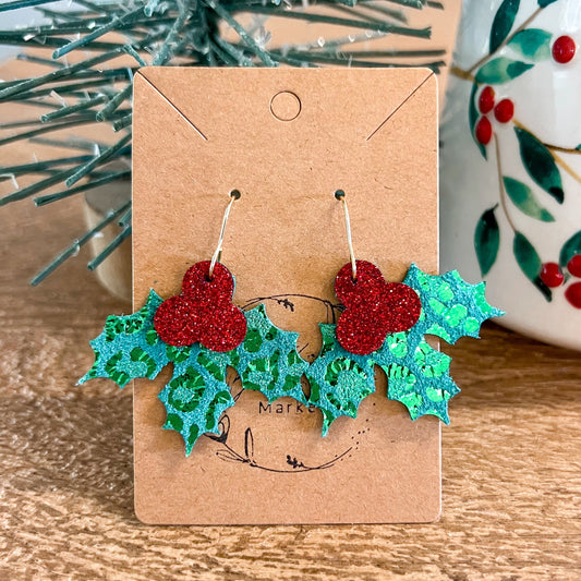 Green Shimmer Holly Jolly Leather Earrings