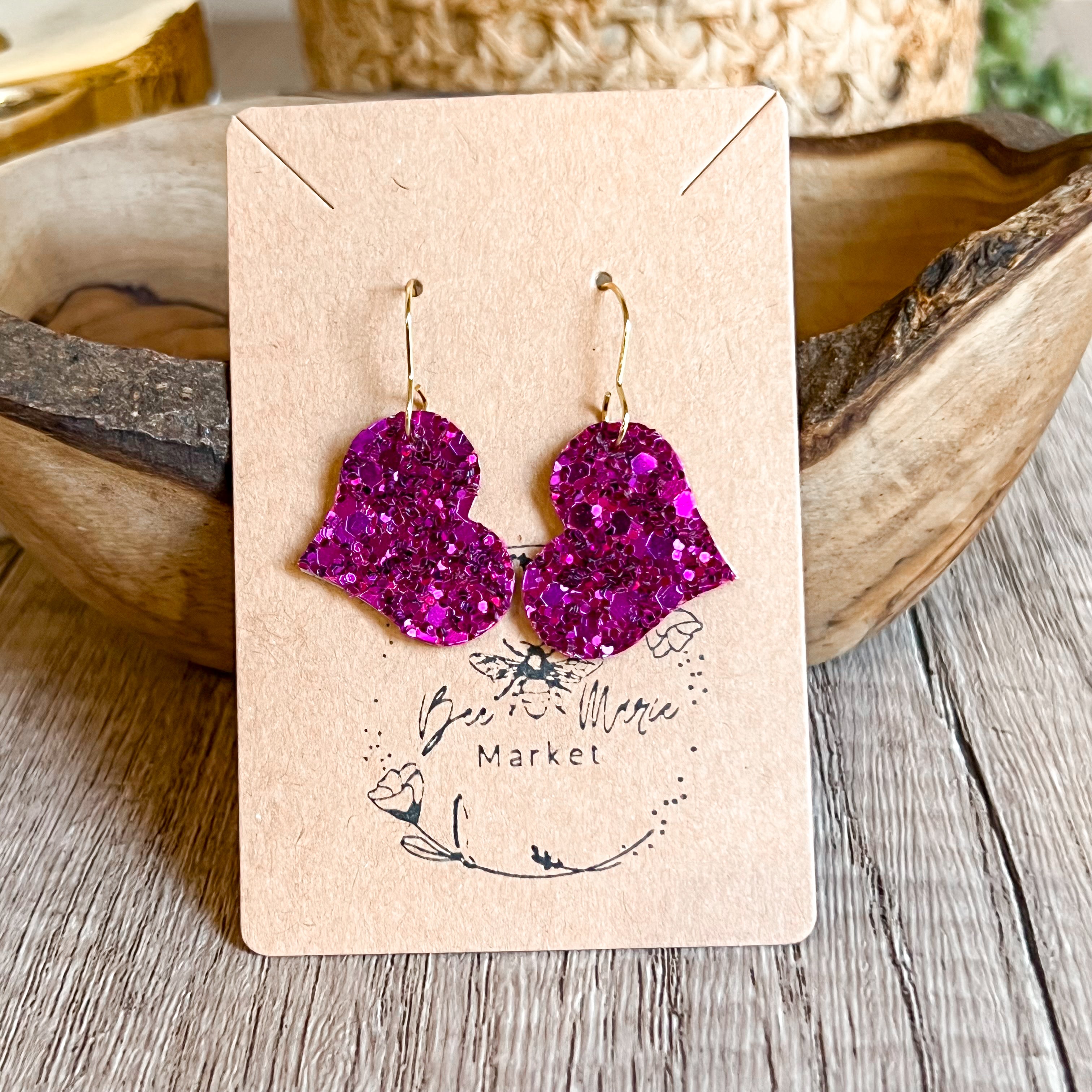 Riley Raspberry Glitter Heart Earrings