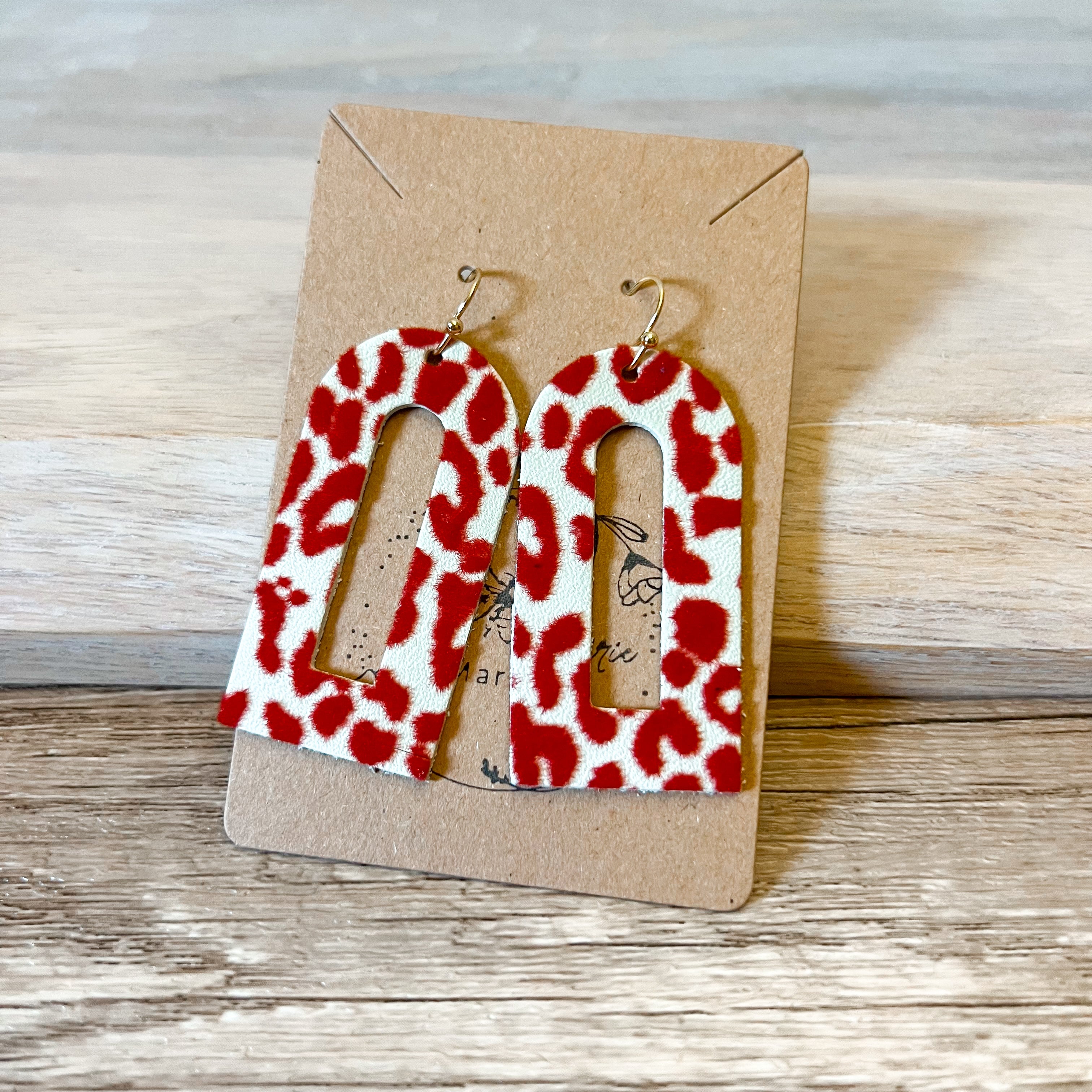 Red Fuzzy Leopard Cutout Arch Earrings