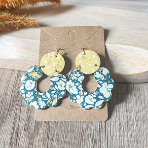 Navy Poppies & Yellow Polka Dot Scalloped Leather Earrings