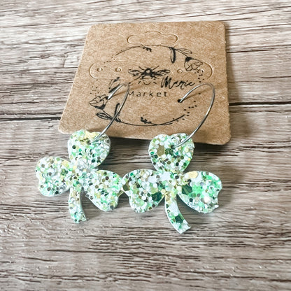 Light Green Glitter Shamrock Hoop Earrings
