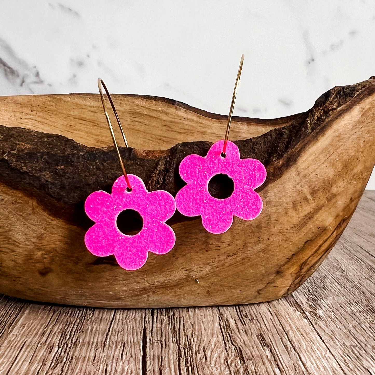 Neon Pink Glitter Flower Hoops