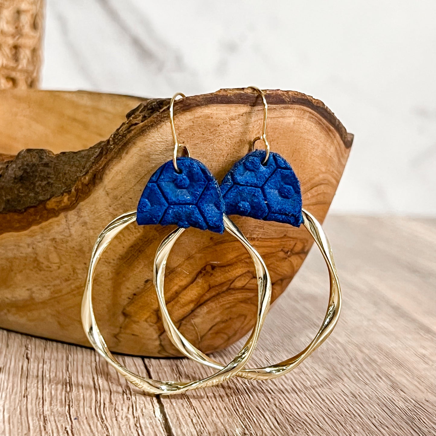 Blue Embossed Leather Twisted Hoops