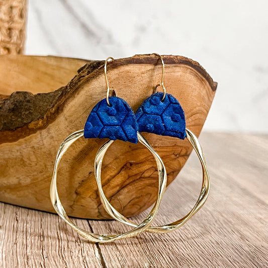 Blue Embossed Leather Twisted Hoops