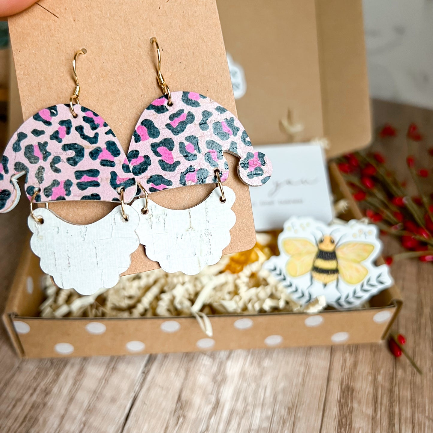 Handmade Pink Animal Print Santa Hat/Beard Earrings