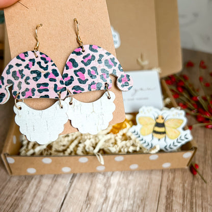 Handmade Pink Animal Print Santa Hat/Beard Earrings