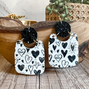 Amanda Black & White Heart Glitter Earrings