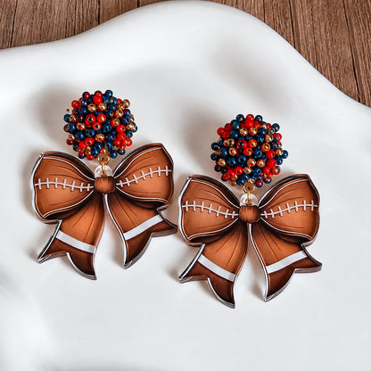 Beaded Football Bow Statement Earrings