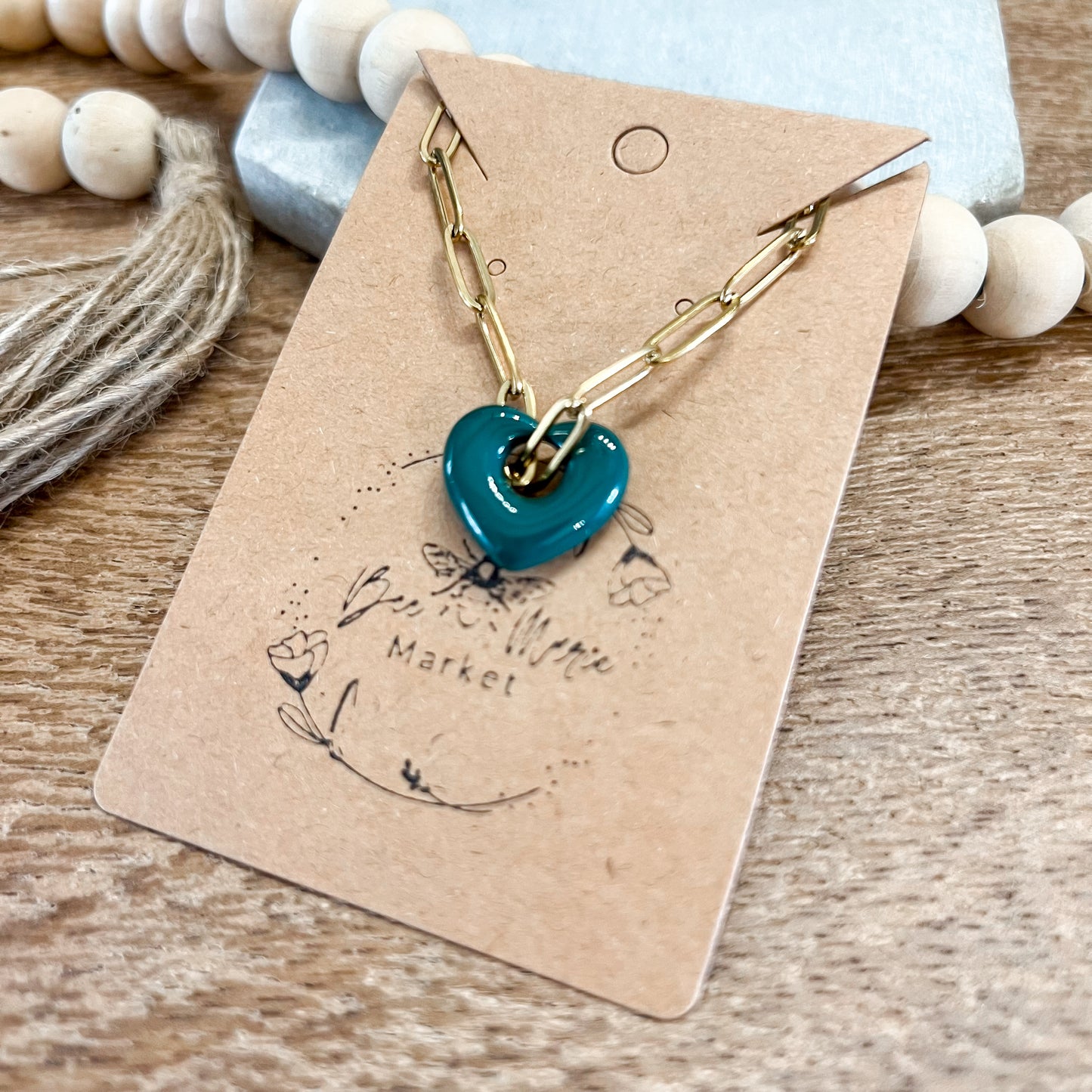 Deep Green Sweetheart Charm Paperclip Necklace