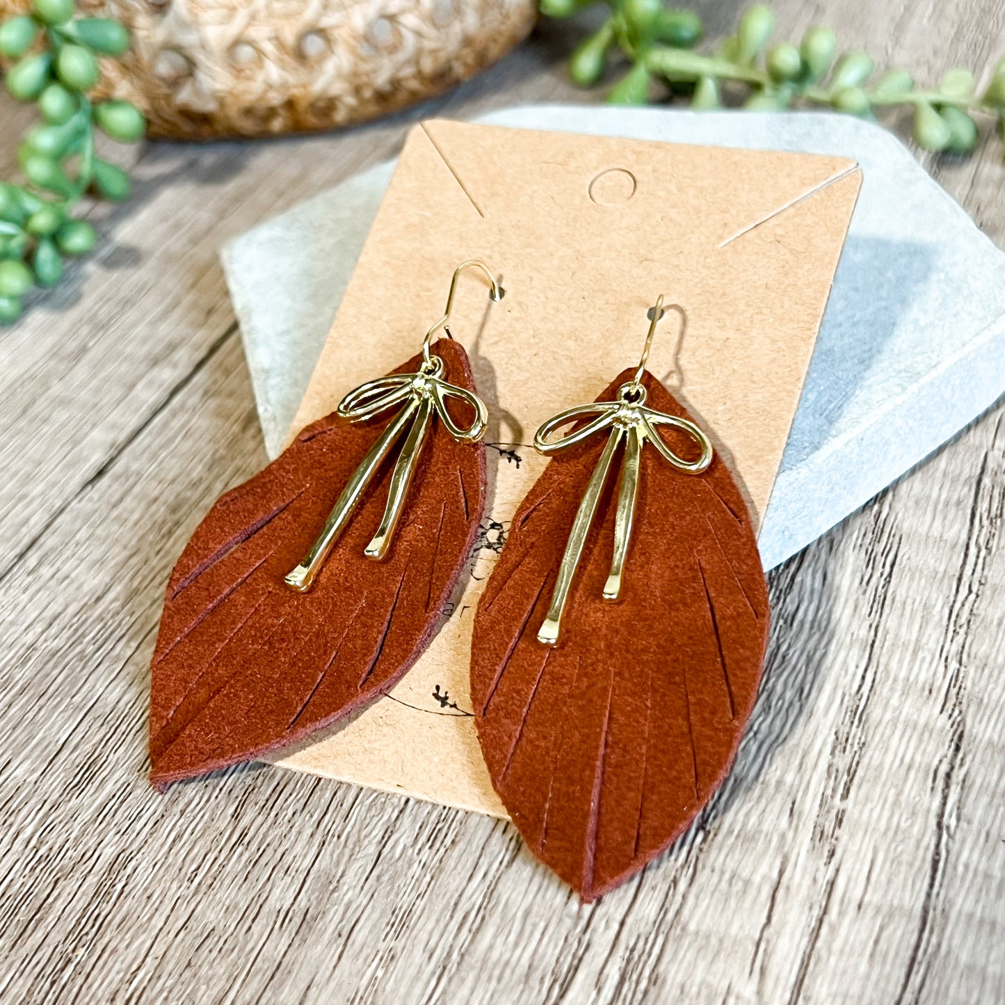 Fall Fringe Bow Leaf Earrings - Rust & Silver