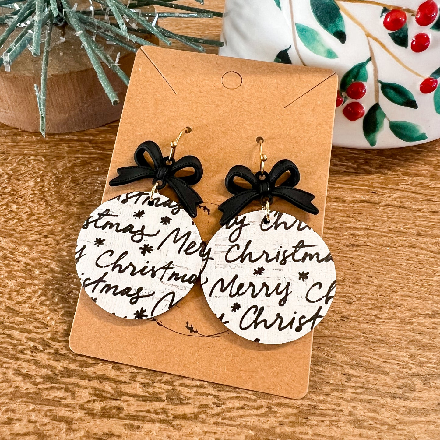 Christmas Script Black Bow Woven Earrings