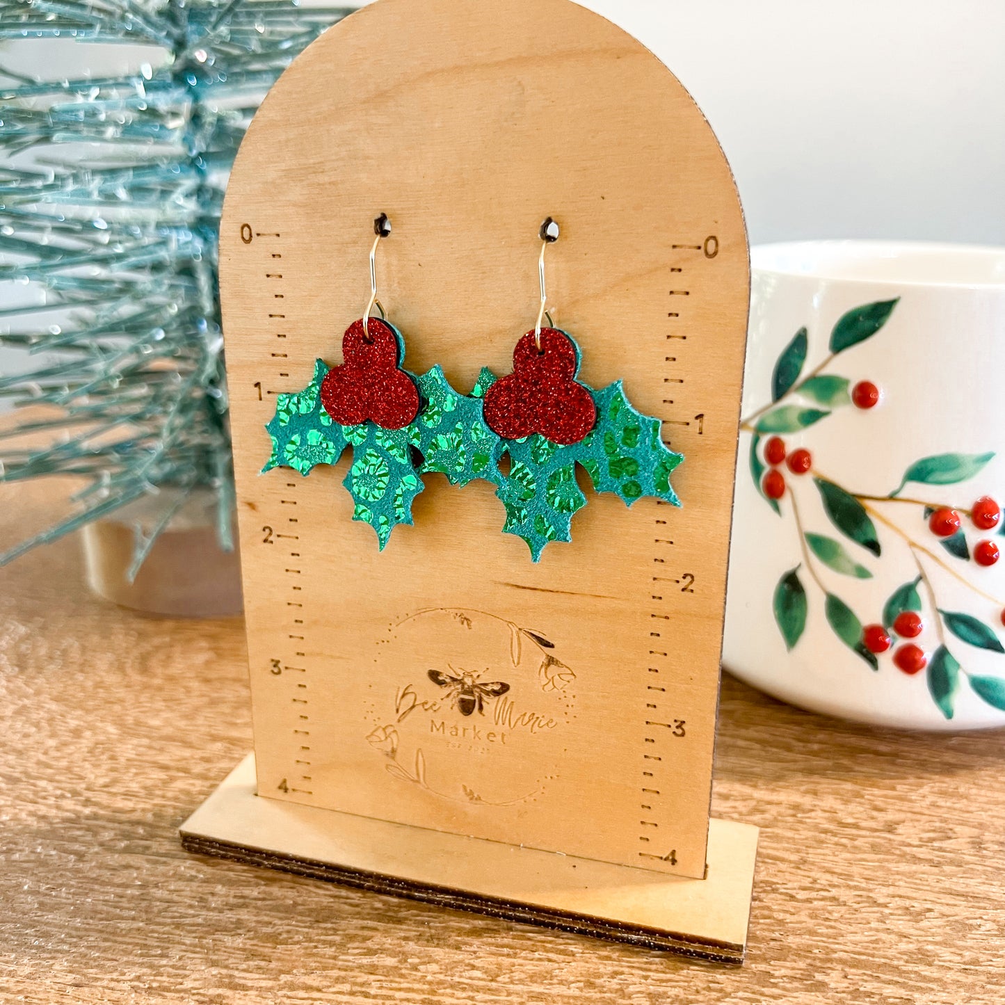 Green Shimmer Holly Jolly Leather Earrings