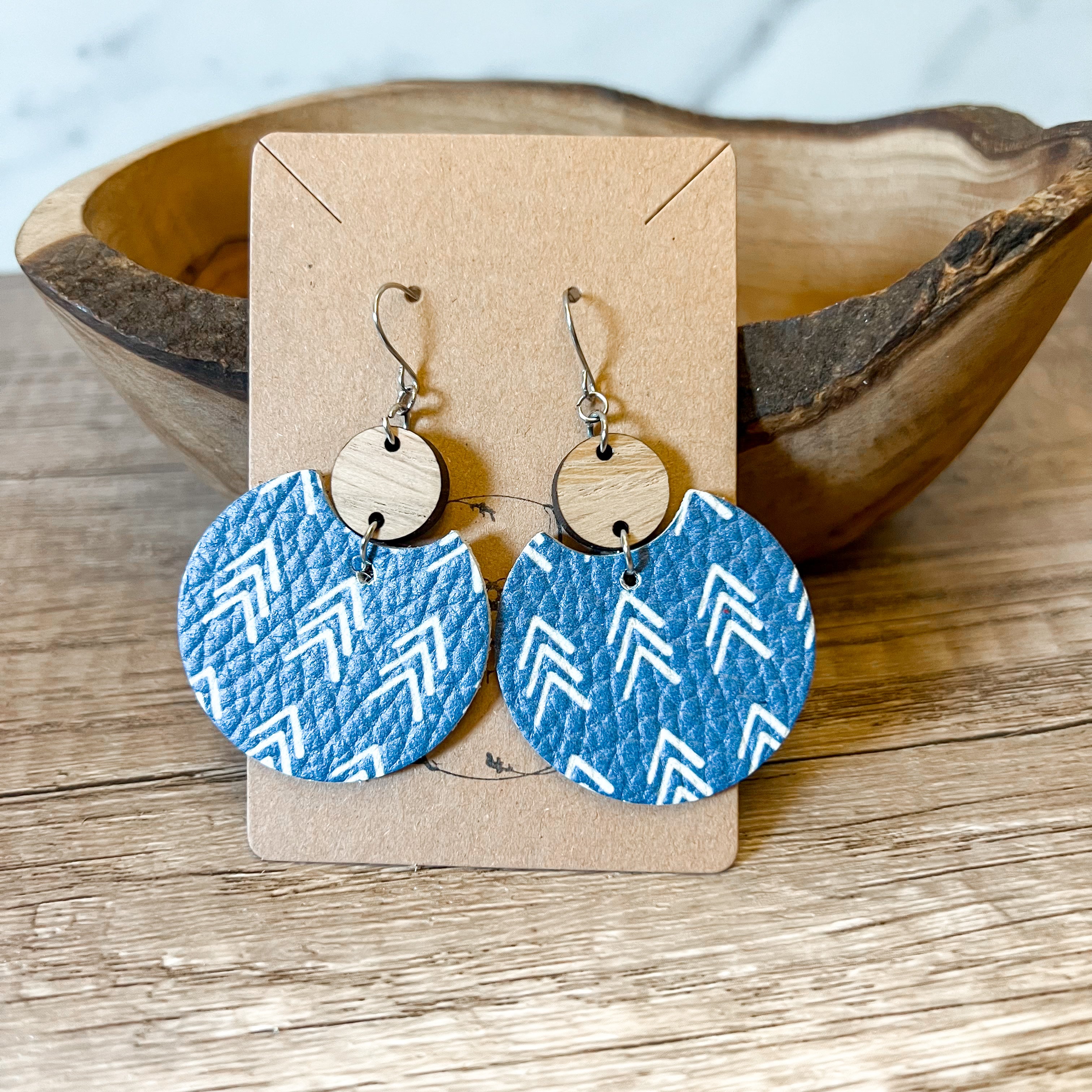 Blue Chevron & Wood Drop Earrings