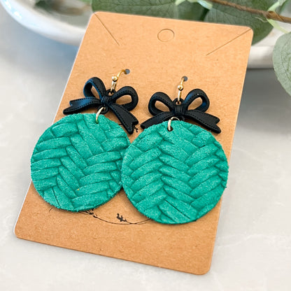 Winter Green & Black Bow Woven Earrings