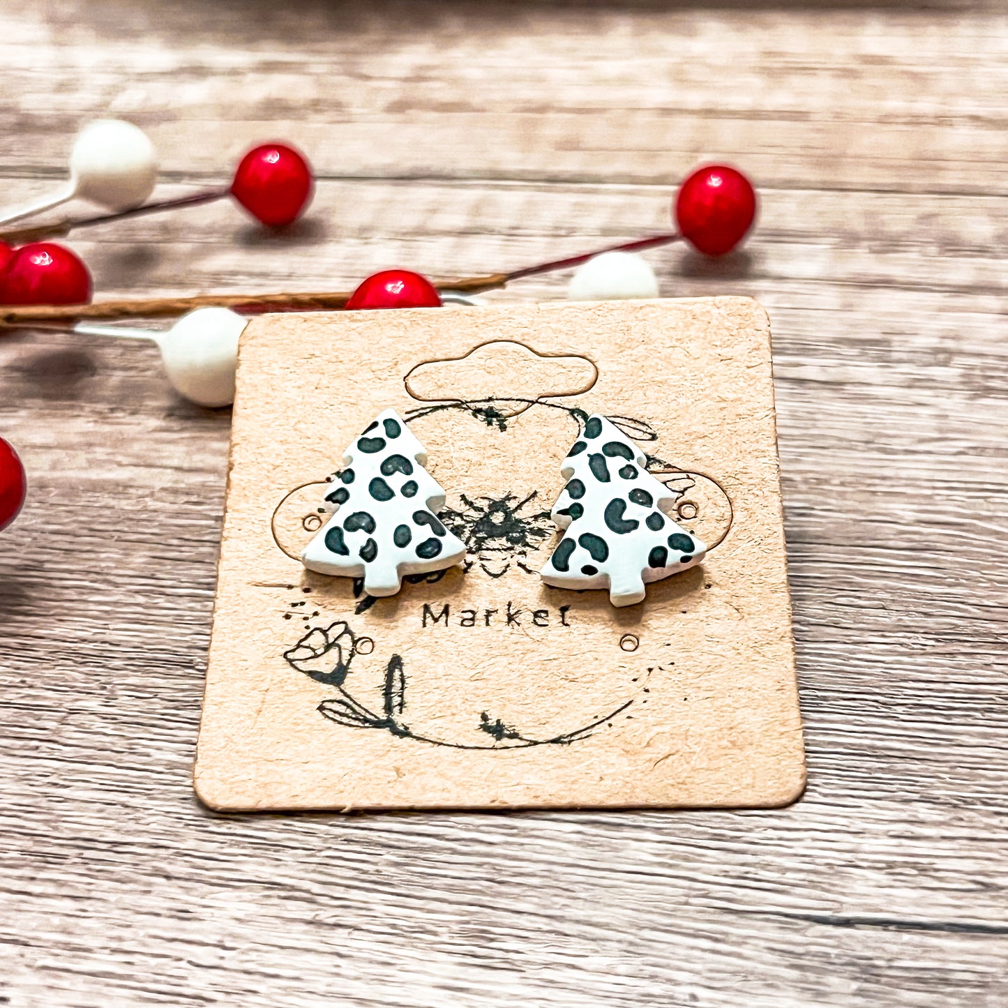 Handmade Animal Print Christmas Tree Stud Earrings