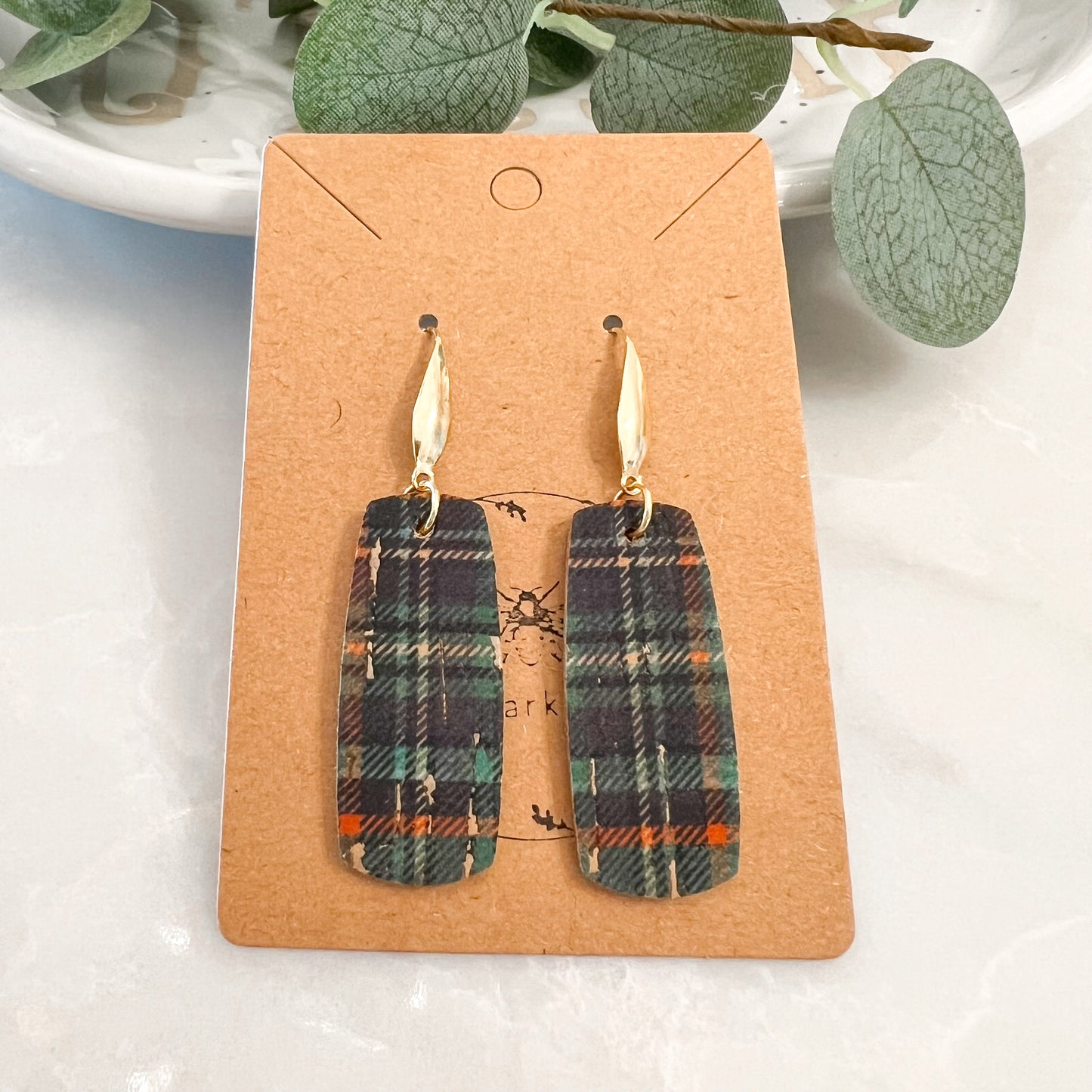 Green Tartan Leather Bar Earrings