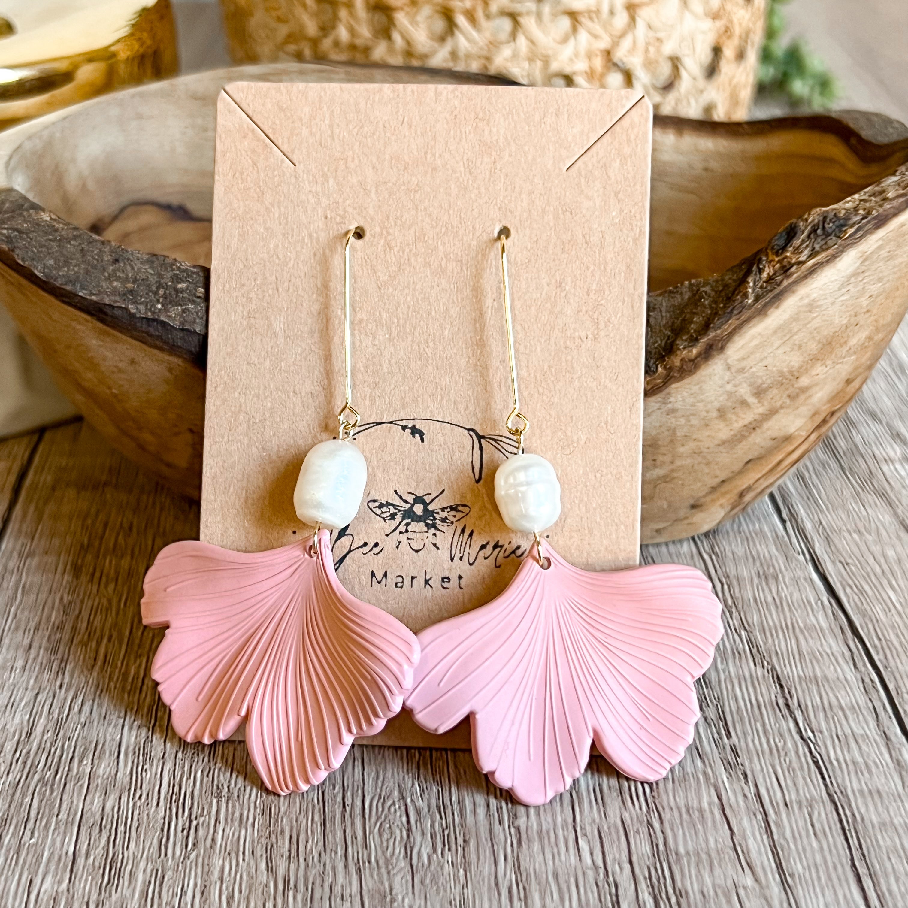 Brittney Blush Leaf Pearl Drop Earrings