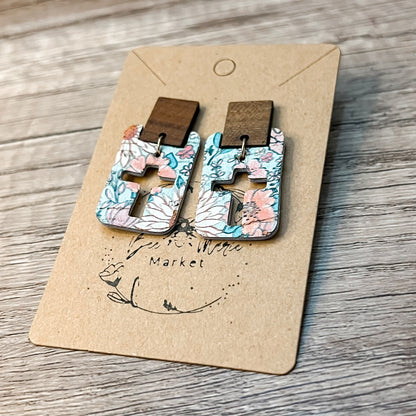 Floral & Wood Cutout Cross Earrings