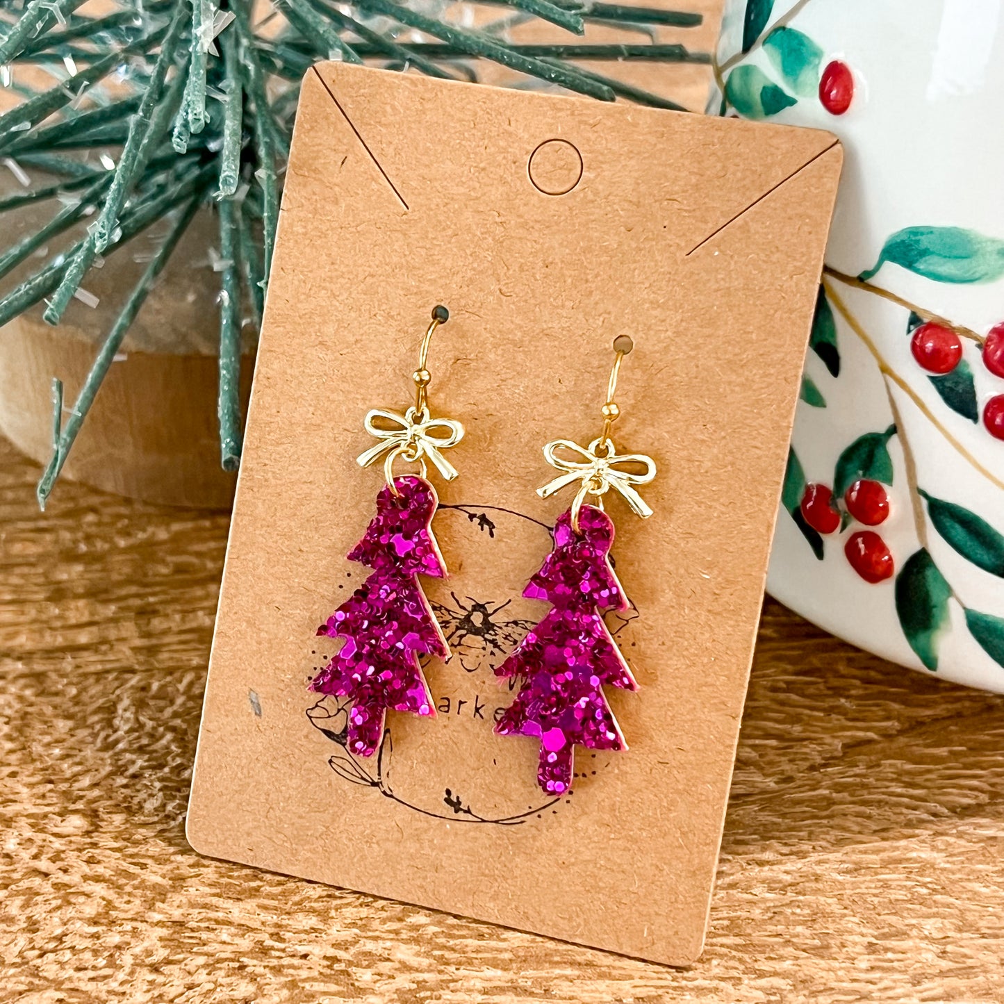 Fuchsia Glitter Skinny Christmas Tree Earrings