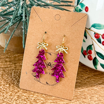 Fuchsia Glitter Skinny Christmas Tree Earrings