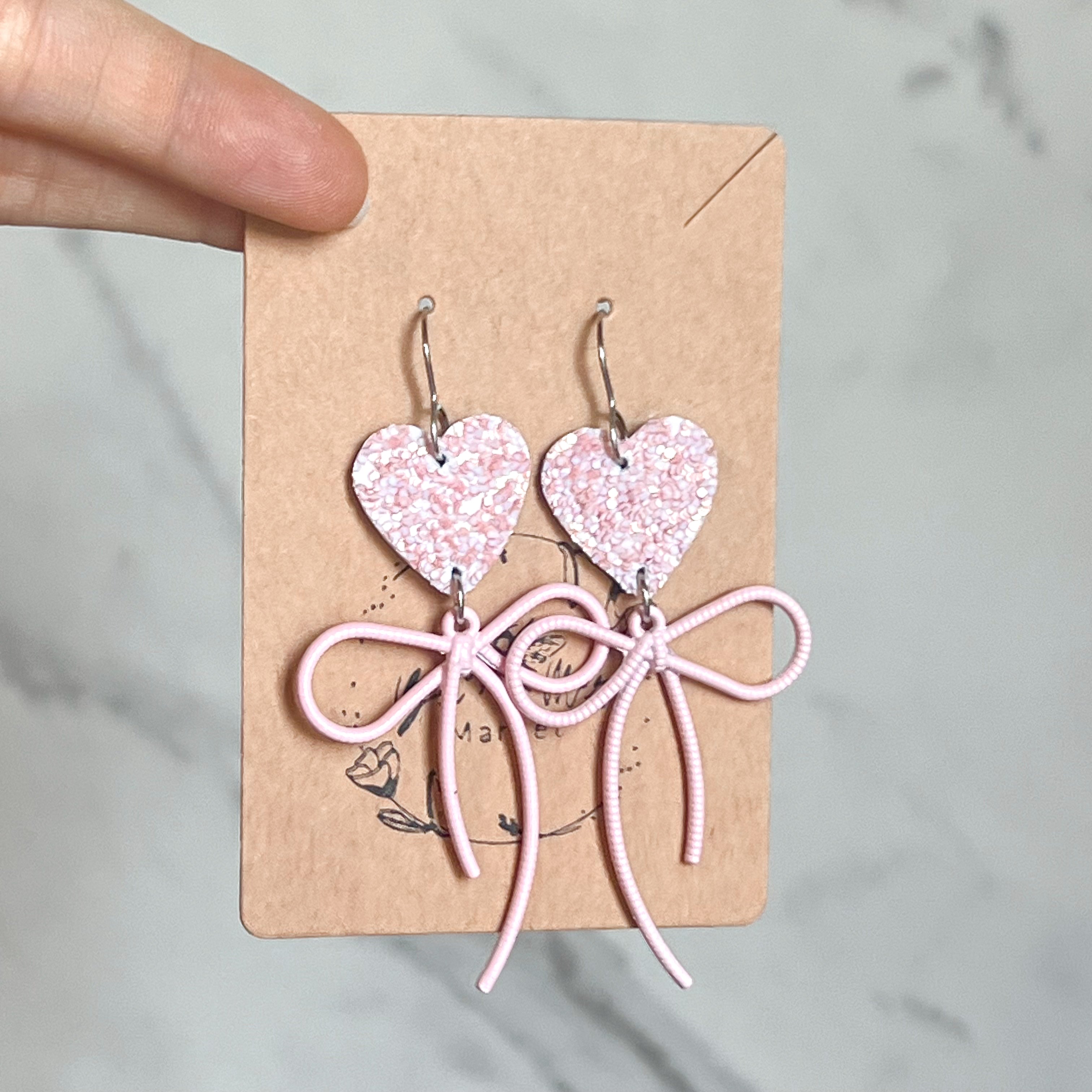 Jasamine Pink Glitter Heart & Bow Earrings