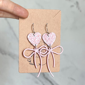 Jasamine Pink Glitter Heart & Bow Earrings