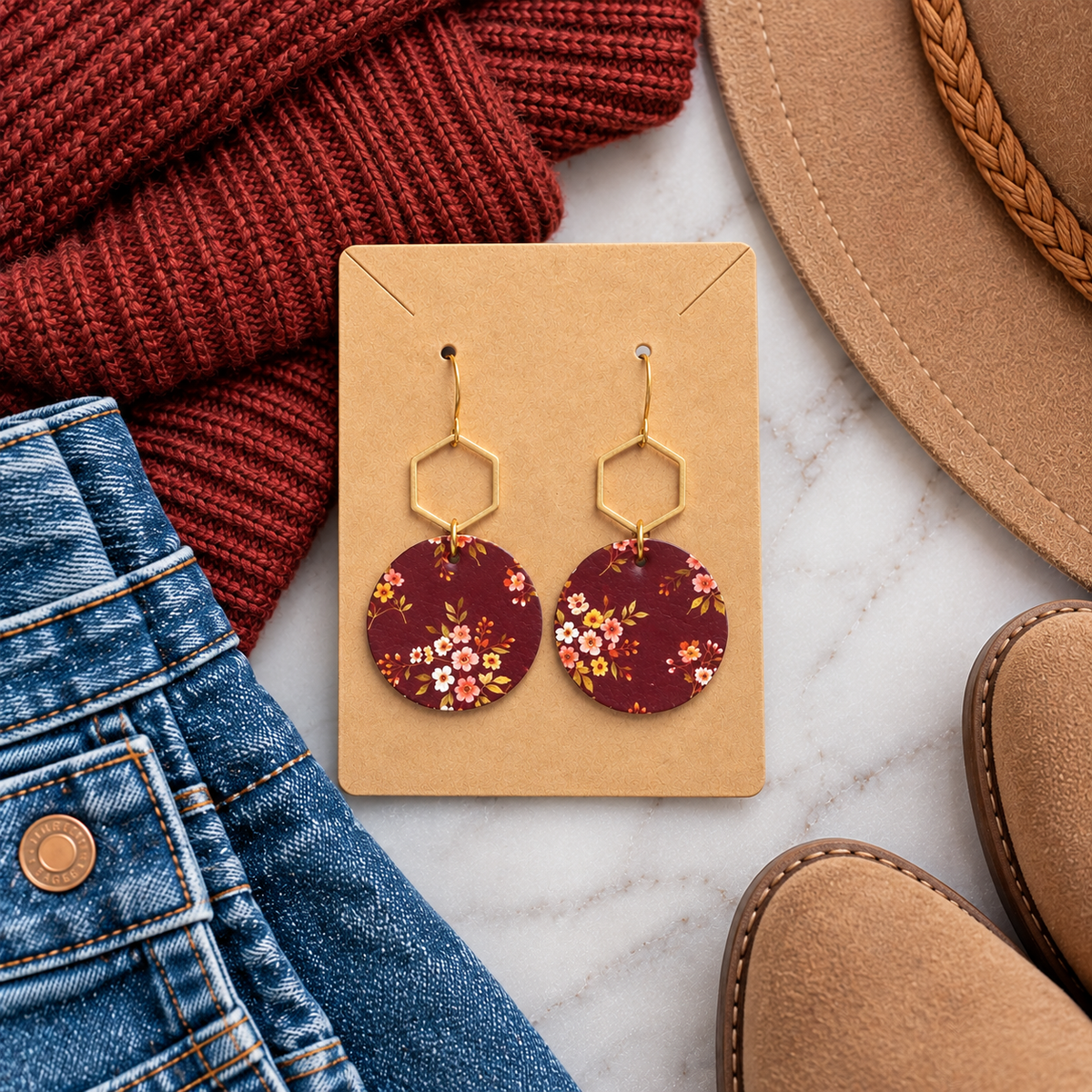 Maroon Floral Gold Hexagon Round Earrings