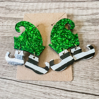 Buddy Green Glitter Genuine Leather Christmas Elf Earrings