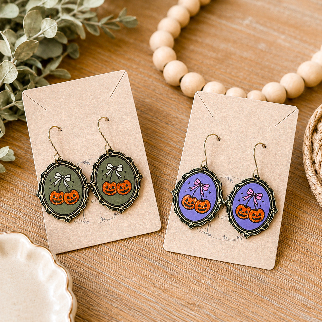 Hand Painted Vintage Framed Pumpkin Cherry Earrings