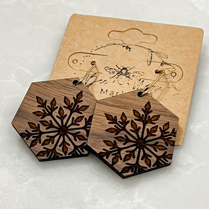 Evergreen Snowflake Hexagon Earrings