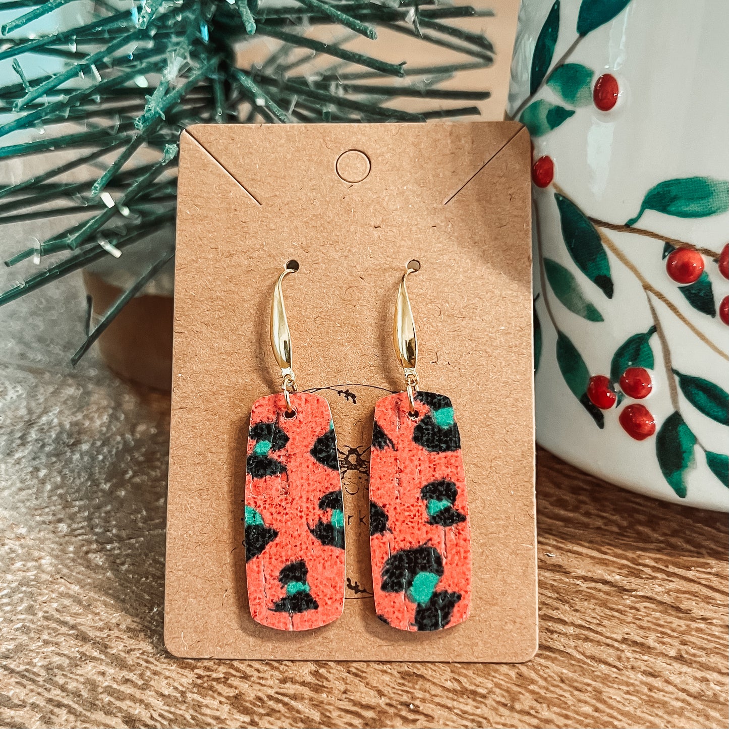 Red & Green Leopard Luxe Bar Earrings